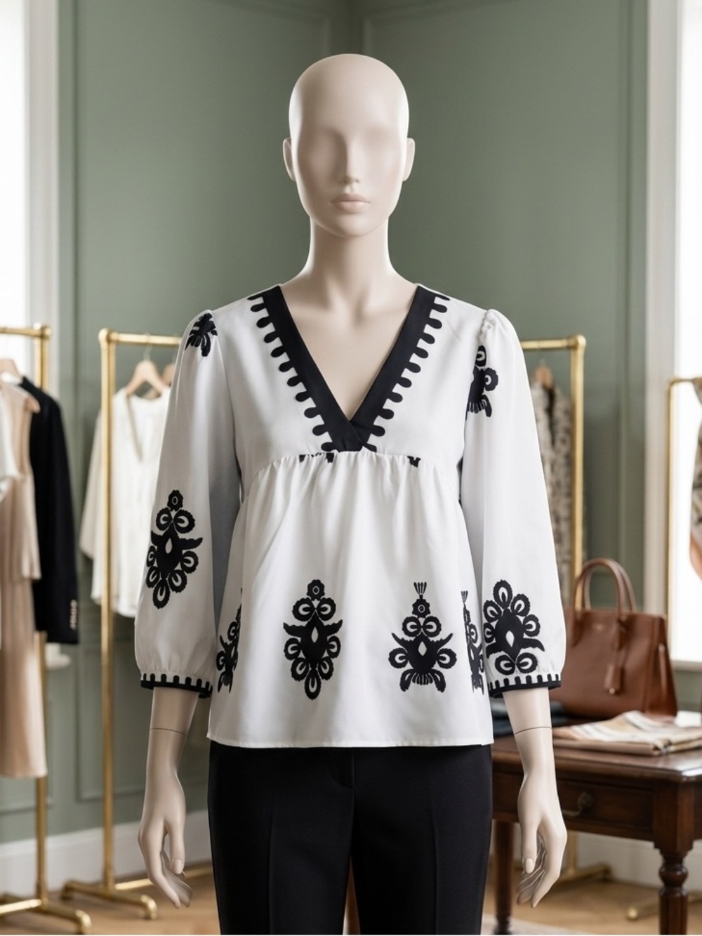 SHEIN White Tunic Top with Black printed Motifs